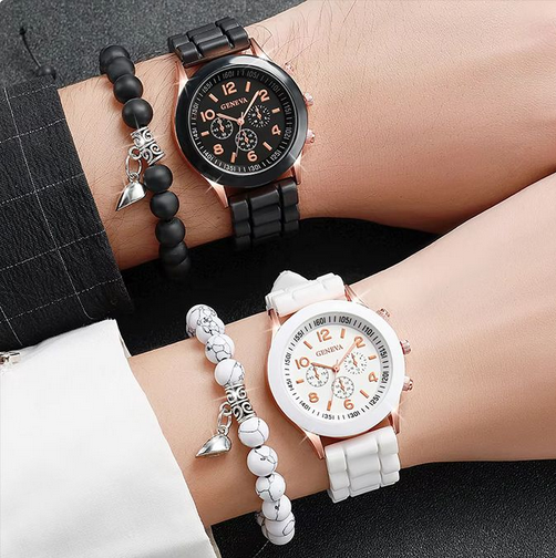 4PCS Couple Silicone Quartz Watch With Lover Beads Bracelet