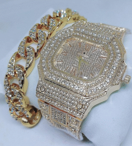 Men Non Tarnish Gold Watch + Cuban Handchain