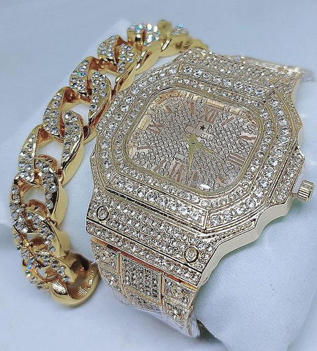 Men Non Tarnish Gold Watch + Cuban Handchain